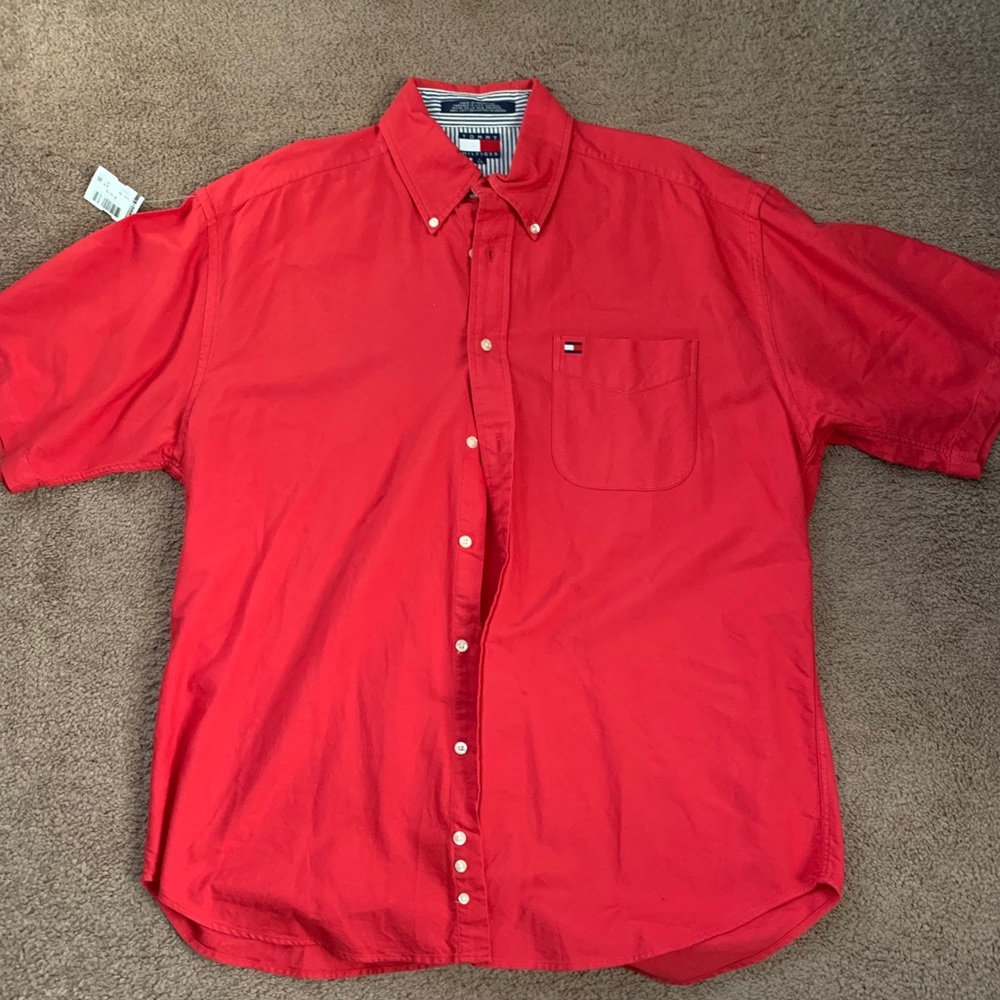 Red Tommy Hilfiger button up short sleeve